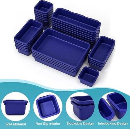 33 PCS Drawer Organizer Set, 4 Size Makeup Drawer Divider Organizer With Non-Slip Pads, Interlocking Plastic Storage Bins for Office,Jewelry Vanity,Gadgets, Bathroom,Kitchen, Navy