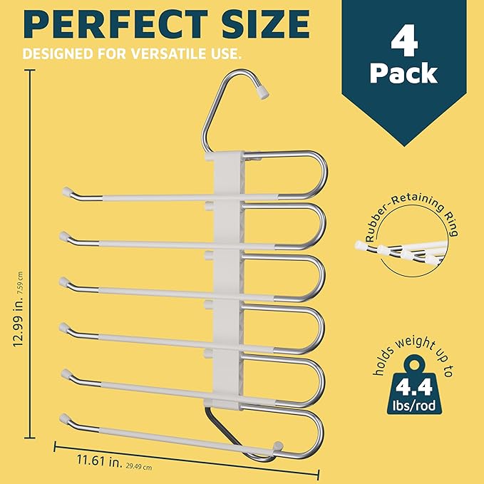 Lifemaster Space Saving Pants Hangers 4 Pack, 6 Layer Jeans Hangers & Closet Organizer for Jeans, Scarves, & Skirts, Multi-Layer Hanger with Anti-Slip Stopper, Heavy-Duty S-Type Stainless Steel, White