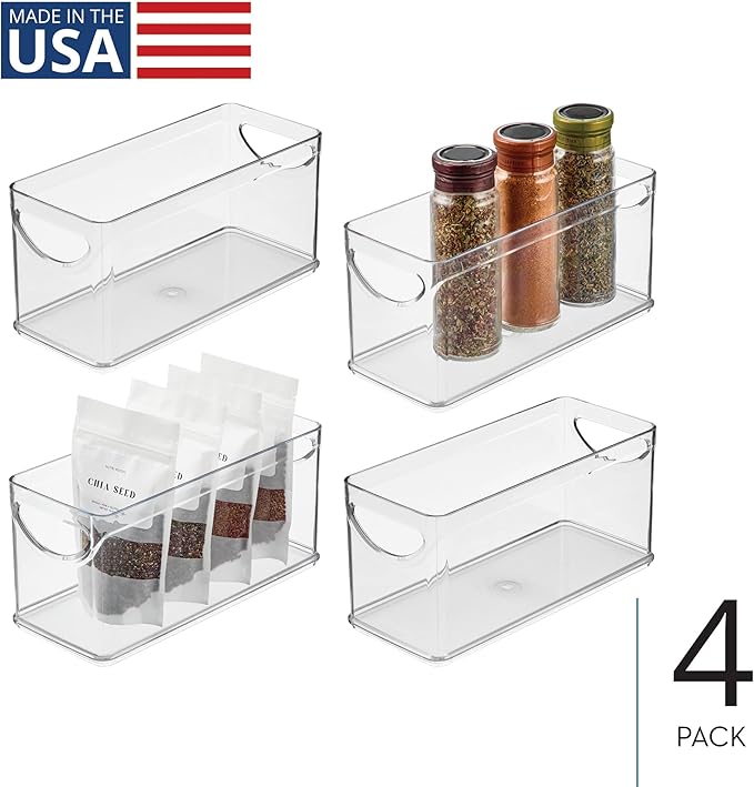 iDesign Narrow Pantry Bin with Handles for Kitchen Cabinets or Fridge, Set of 4, Clear, Made in USA