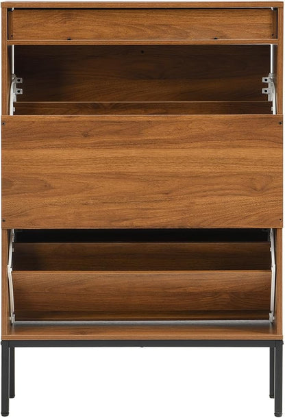 XIAO WEI Shoe Cabinet, Shoe Storage Organizer Cabinet with 2 Flip Half Moon Line Doors, Freestanding Shoe Rack with Adjustable Shelf for Entryway（Walnut）