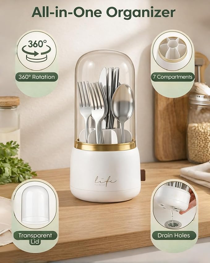 Silverware Organizer with Lid, 360° Rotation Utensil Holder for Kitchen Counter, Silverware Caddy for Party, 7 Slots Fits Standard Utensils & Steak Knives, Not for Extra-Long Knives(White)