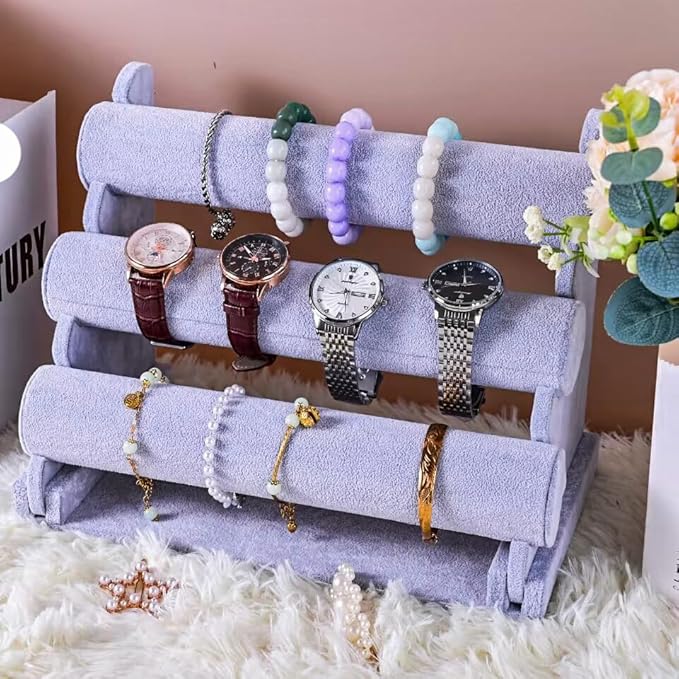 3 Tier Bracelet Holder Display, Velvet Watch Organizer Stand for Selling, Detachable Jewelry Racks for Vendors(Grey)
