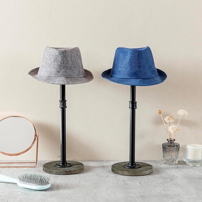 MyGift 2 Pcs Hat Display Rack Stand with Adjustable Height, Tabletop Baseball Cap Helmet Holder Organizer Storage Pedestal, Industrial Metal Pipe and Vintage Weathered Gray Wood Top and Base