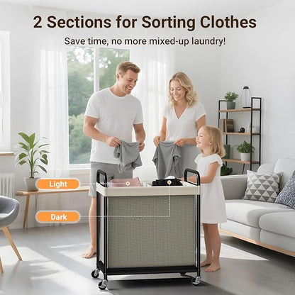 ELYKEN Laundry Hamper 2 Section, 100L Rolling Laundry Sorter with Removable Liner Bag, Laundry Basket with Wheels, Steel Frame with Metal Handle, Clothes Hamper Cart for Laundry Room & Bedroom