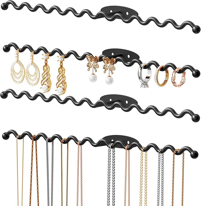 NiHome Wall Mounted Metal Jewelry Organizer Racks for Necklaces, Earrings, Bracelets, Rings, Decorative Display Wave Design Storage Holders for Bedroom, Bathroom, Kitchen, Entryway (4-Pack, Black)