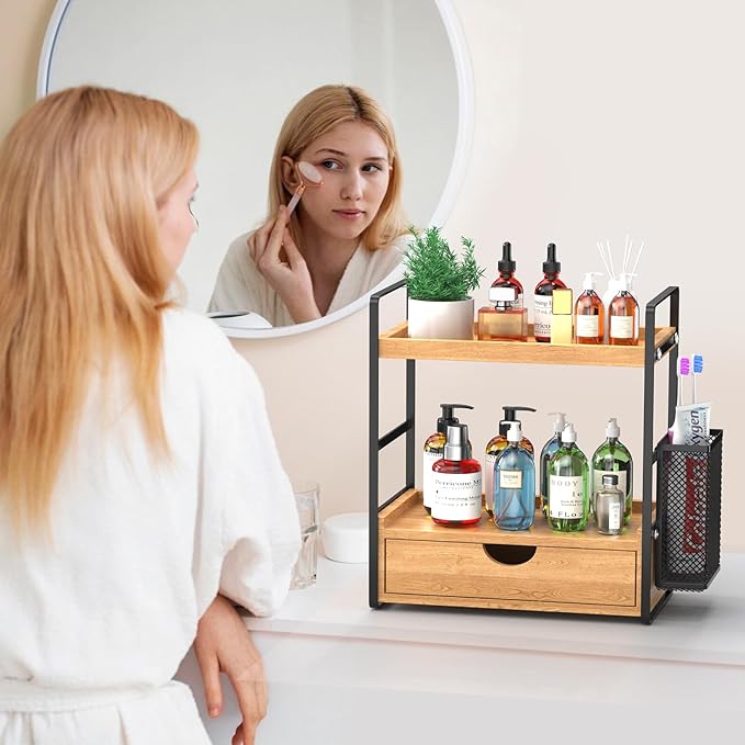 LEMIKKLE Bathroom Counter Organizer with Drawer and Basket,Wood Countertop Organizer for Bathroom Decor Makeup Tray for Perfume Skincare Bedroom Kitchen Corner