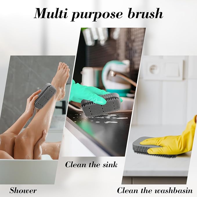 2-in-1 Silicone Soap Holder & Brush Set with Built-in Soap Saver Compartment, Includes a Leak-Proof soap Tray+Brush, Unbreakable&Noise-Free, Soap Dish with Soft Brush, Brush with Soap Dish(Dark Grey)