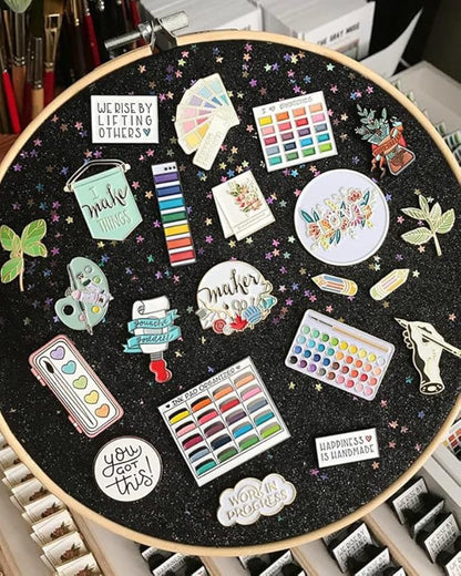 Round Badge Brooch Display Wall Hanging Pin Display Glitter Board Jewelry Storage Pin Collection Banner with Bamboo Hoop for Enamel Pins Buttons and Labels (Black-Faux Leather)