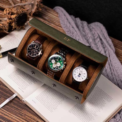 Personalized Leather Watch Roll for Men, Custom Travel Watch Box Cases Holder for 3 Watches, Wedding Groomsmen, Valentines for Boy Friend, Father's Day for Dad, Handcrafted Gift for Grandpa