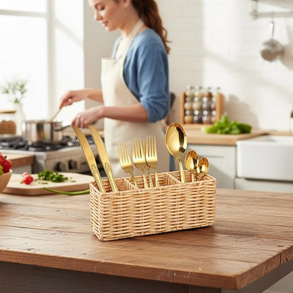 Wicker Flatware Silverware Caddy, Plastic Woven Kitchen Cutlery Organizer Storage Holder Party Condiment Utensil Carrier Basket for Countertop Table Picnic Holds Spoon Knives Fork Napkins