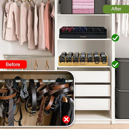 Belt Organizer, 7 Compartments Belt Organizer for Closet and Drawer, Belt Holder Case for Tie and Belt, Bamboo Storage Box for Men and Women (Black, 7)