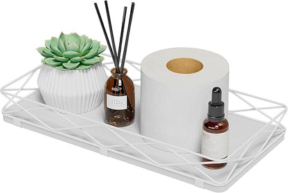 Lixple Toilet Paper Basket Holder, 13" Toilet Tank Tray, Wood and Metal Toilet Tray Vanity Organizer Bathroom Tray, Kitchen Sink Organizer for Soap Dispenser (White)