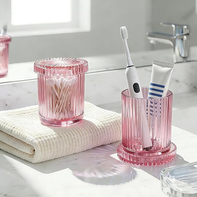 2 Pack Glass Qtip Holder Dispenser Set - Bathroom Organizer for Cotton Swabs, Balls, Pads, Floss Picks - Clear Apothecary Jars for Vanity, Makeup Storage, Bathroom Accessories Decor (Pink)