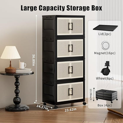Storage Bins with Lids, Stackable Storage Containers with Lids, Collapsible Plastic Bins, Closet Organizers and Storage with Wheels and Magnetic Door for Home Office Dorm (4 Pack)