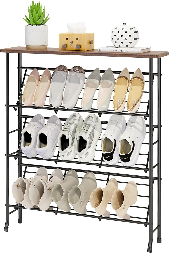 JZM Shoe Rack Storage, Narrow 4 Tier Metal Shoe Storage Shelf, Free Standing Shoe Racks, Space Saving Shoe Rack Organizer for Entryway, Hallway, Bedroom, Living Room(12-16 Pair)