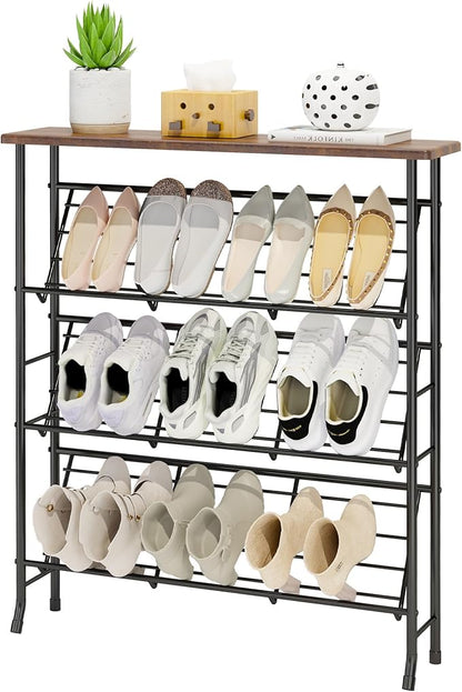 JZM Shoe Rack Storage, Narrow 4 Tier Metal Shoe Storage Shelf, Free Standing Shoe Racks, Space Saving Shoe Rack Organizer for Entryway, Hallway, Bedroom, Living Room(12-16 Pair)