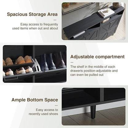 Shoe Storage Cabinet, Farmhouse Shoe Organizer with 4 Flip Drawers & Barn Door,Freestanding Hidden Slim Narrow Shoe Rack with Open Shelves for Entryway, Foyer, Hallway, Black