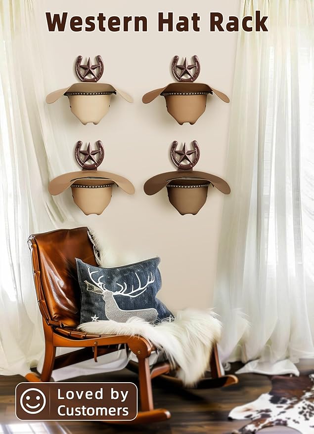 Cowboy Hat Rack Wall Mount,Cowboy Hat Holder for Wall,Western Home Decor,Hat Organizer for Caps,Rustic Horseshoe Star Metal Hat Hanger for Closet Horse Trailer Entryway Bedroom,4 Pack,Bronze