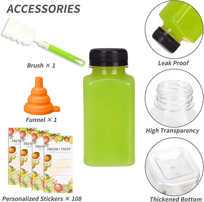 TOMNK 100pcs 8oz Empty Plastic Juice Bottles with Caps, Reusable Clear Bulk Beverage Containers with Label, Funnel and Brush for Juicing, Milk, Smoothie, Drinking, Beverages