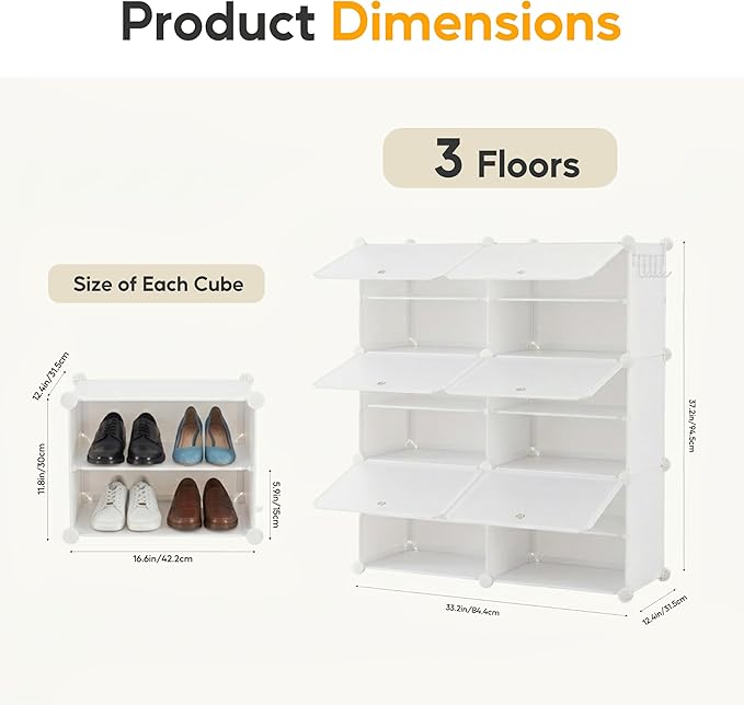 HealSmart Shoe Rack Organizer with Door, Shoe Storage Cabinet, Stackable Plastic Shelves for Closet, Entryway, Hallway, Bedroom, 6-Tier 24-Pair, White