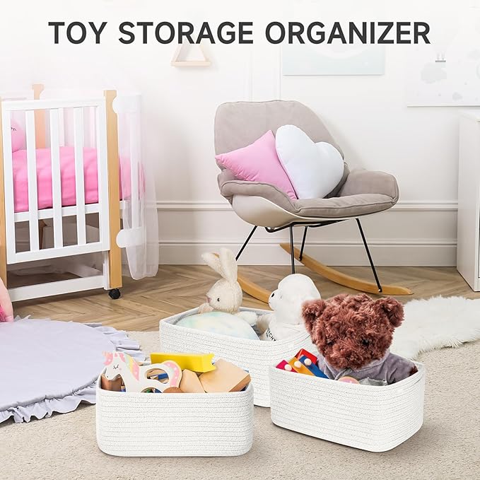 3-Pcs Shelf Baskets for Organizing, Closet Organizer Bins, Small Woven Baskets, Rope Toy Basket, Storage Basket for Shelves, Cube Decorative Box, 11.8×7.8×5.1”, White