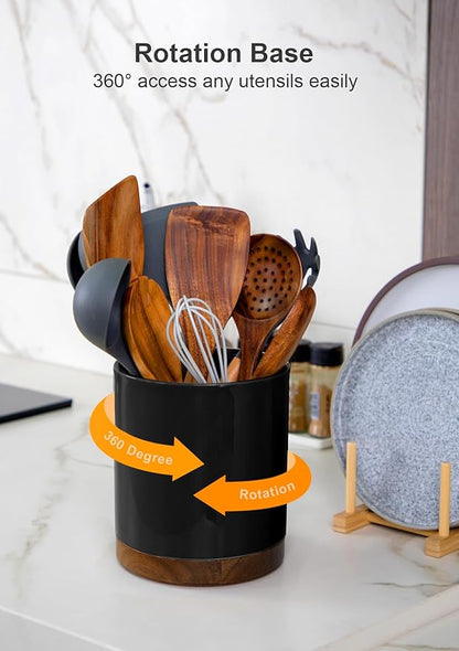 Nucookery 360°Rotating Utensil Holder, 7.2" Large Utensil Crock, White Ceramic Cooking Utensil Organizer,Farmhouse Kitchen Decor Christmas Thanksgiving Gift (Black)