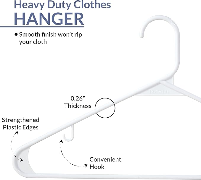 Royale Linens Plastic Hangers 20 Pack - White Clothes Hanger with Hooks – Heavy Duty Space Saving Coat Hangers Ideal for Everyday Use for Tops, Skirt, Dress, Shirts, Pants