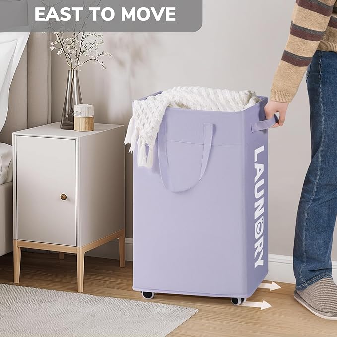 Goodpick Laundry Basket with Wheels 2-Pack, 75L Collapsible Laundry Baskets with Removable Wash Bag, Clothes Laundry Hamper on Wheels, Light Purple