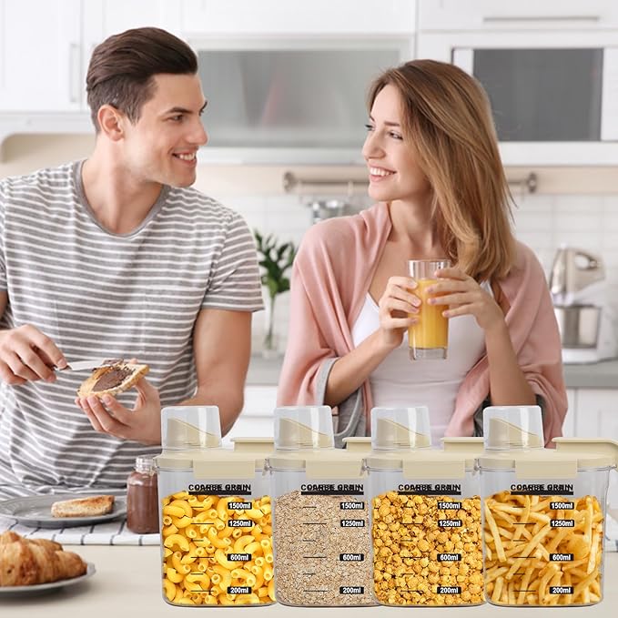 Cereal Containers Storage with Pour Plastic Cereal Storage Container Dispenser Airtight Food Storage Containers with Lids BPA-Free Canisters Sets for Kitchen Pantry Organizers, 1.5L 4 Piece