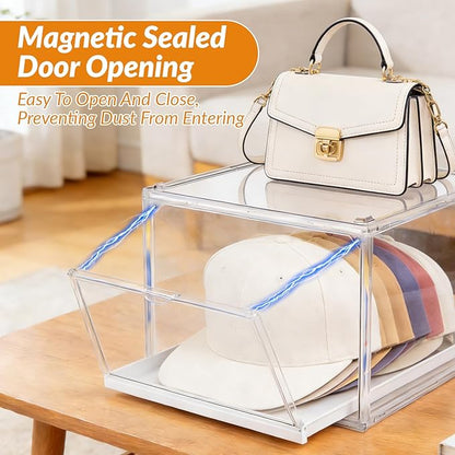 2 Pack Clear Hat Organizer Box, Stackable Cap Storage Display Case with Magnetic Door & Sliding Drawer Tray, Dustproof Hat Container Holds 10 Hats per Box (Clear, 2 Pack)