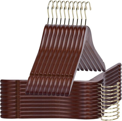 Quality Semi Curved Wooden Suit Hangers, 80-Pack Smooth Finish Solid Wood Coat Hanger with Swivel Hook, Jacket, Pant, Dress Clothes Hangers (Walnut - Gold Hook, 80)