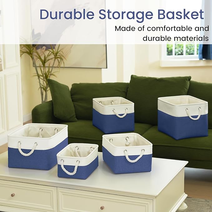 Large Storage Baskets- 15x11x10 inch Storage Bins for Shelves and Closet Organizing, Foldable Fabric Bin for Home Organization Clothes and Laundry (3-Pack, White&Blue)