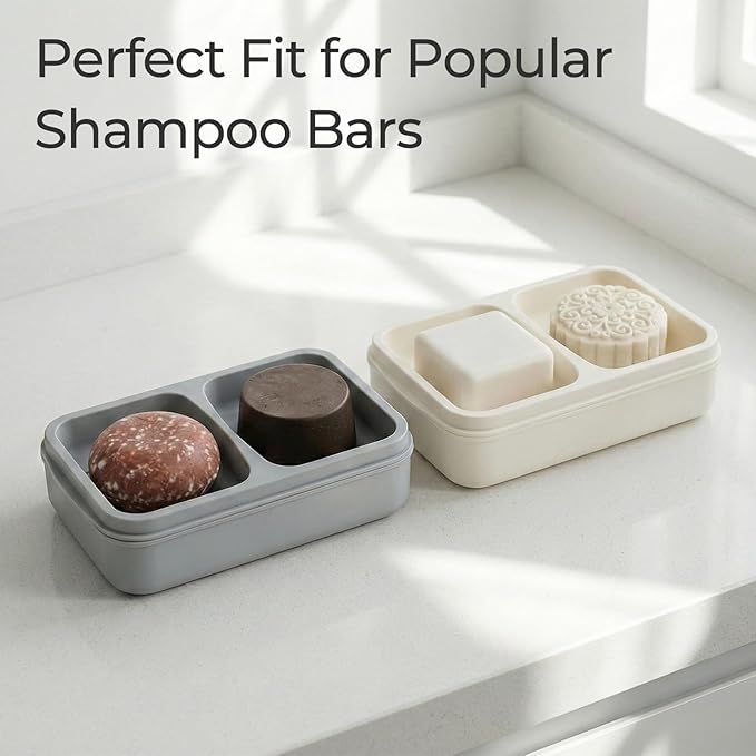 AIMAIAIMAI 2-Compartment Shampoo Bar Holder | Slotted Soap Dish with Drainage Tray for Bar Shampoo and Conditioner (1-Pack, Gray)