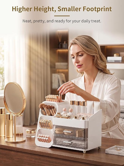 Booklov Makeup Organizer for Vanity, Large Capacity Cosmetic Display Case with Clear Acrylic Drawer, Countertop Beauty Storage Holder for Skincare, Brush Eyeshadow Lipstick Counter Desk, Crystal White