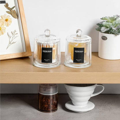 Qtip Holder Thick Glass Apothecary Jars with Lid for Bathroom Accessories Vanity Organizers and Makeup Storage for Cotton Ball, Swabs, Candy, Jewelry, Bathroom Decor, 2 Pack Clear