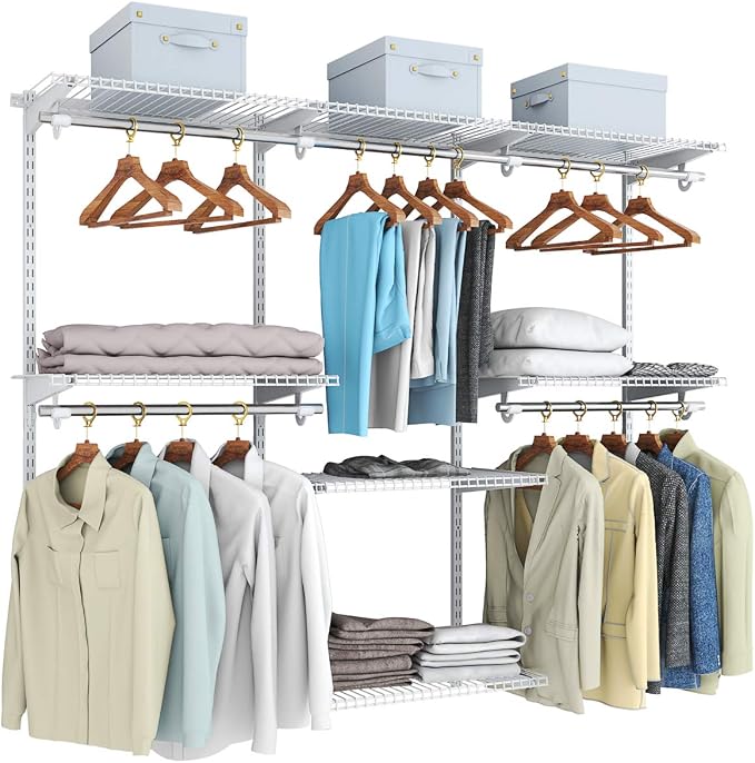 Tangkula 4 to 6 FT Custom Closet System, Wall Mounted With Hanging Rod, Metal Storage Organizer Rack Wardrobe With Shelves, Adjustable Kit for Bedroom