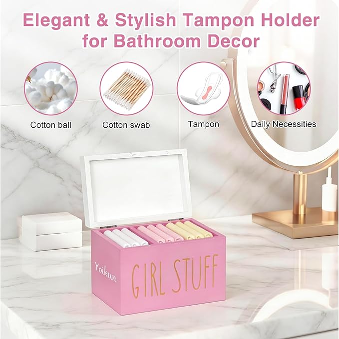 Tampon Holder for Bathroom with Hinged Lid, Modern Farmhouse Feminine Product Organizer, Decorative Storage Box for Pads & Period Essentials, Toilet Tank or Countertop (Pink)