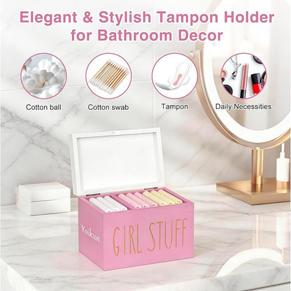Tampon Holder for Bathroom with Hinged Lid, Modern Farmhouse Feminine Product Organizer, Decorative Storage Box for Pads & Period Essentials, Toilet Tank or Countertop (Pink)
