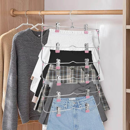 Skirt Pants Hangers with Clips,6Tier Skirt Hangers Space Saving,Metal Multi Pants Hangers and Storage Multi Clothes Shorts Hanger Organization,Space Saving Hangers with Clips (Pink, 2-Piece Set)