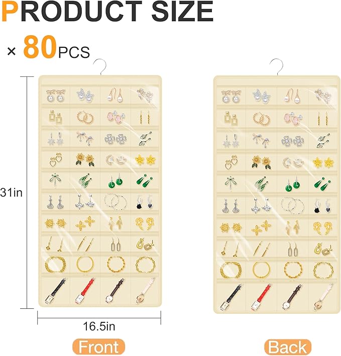 Hanging Jewelry Organizer Storage for Closet Wall Door Travel with 80 Clear Double-Sided Pockets for Earrings, Necklaces, Rings, Bracelets,1 Pcs