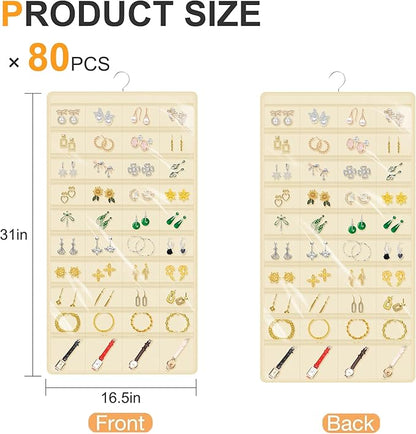 Hanging Jewelry Organizer Storage for Closet Wall Door Travel with 80 Clear Double-Sided Pockets for Earrings, Necklaces, Rings, Bracelets,1 Pcs