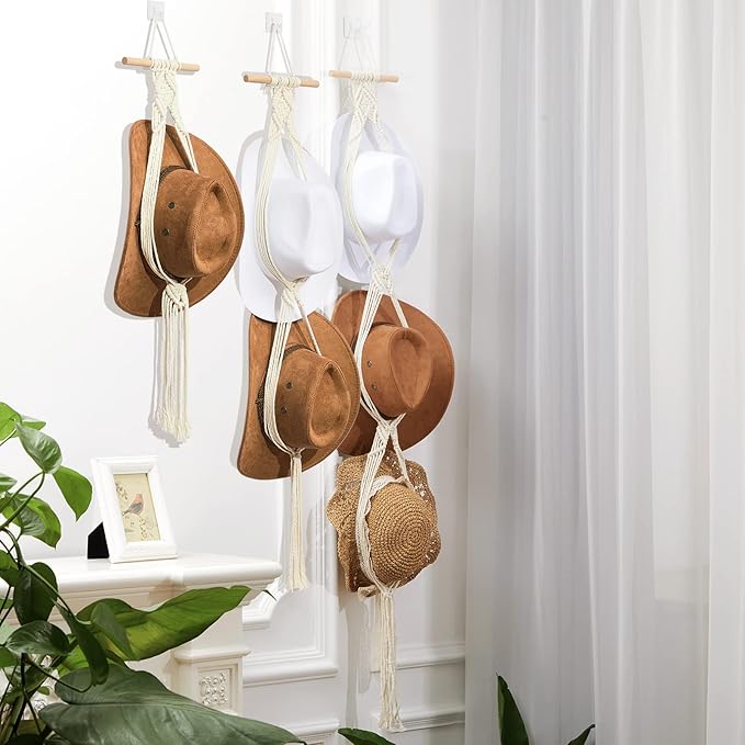 Yulejo 3 Pieces Macrame Hat Hanger Boho Hat Hanger for Wall Cowgirl Organizer Hand Weaving Display Rack Decoration Holder for Wide Brim and Fedoras Baseball