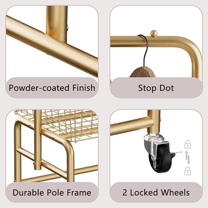 Rolling Laundry Cart with Wheels, Laundry Hamper Basket Organizer with Clothes Hanging Rack, Wire Storage Cloth Shelf Butler, Golden