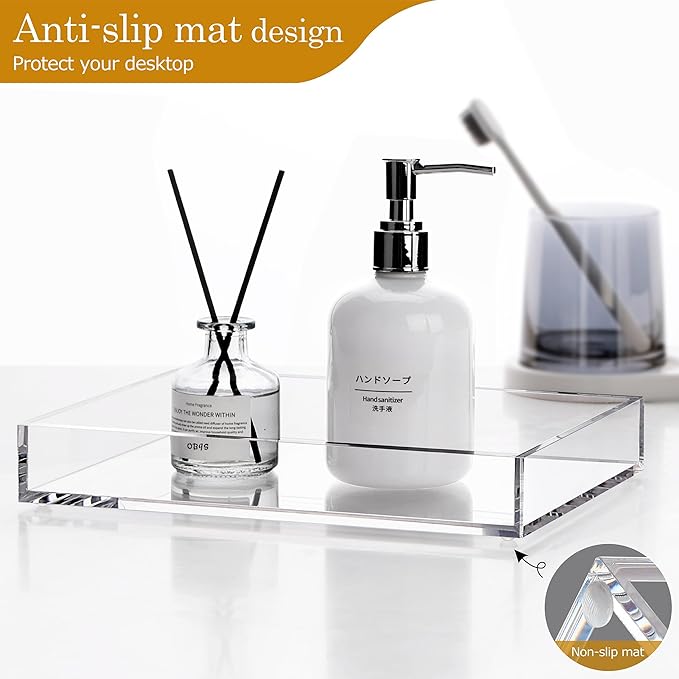 DINGHUO Acrylic Perfume Bathroom Vanity Counter Tray, Clear 9.45"x7.09"x1.38" Rectangle Countertop Organizer for Jewelry Candles Soap Makeup Toilet Tank Kitchen - 1 Pack