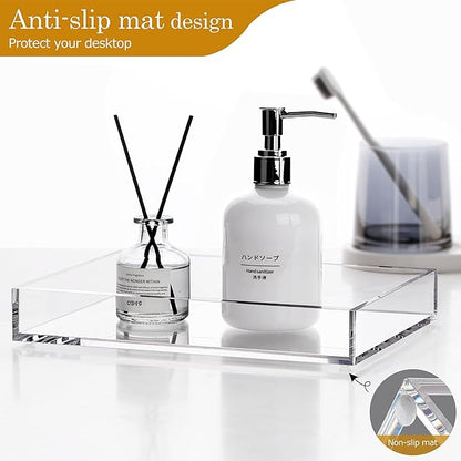 DINGHUO Acrylic Perfume Bathroom Vanity Counter Tray, Clear 9.45"x7.09"x1.38" Rectangle Countertop Organizer for Jewelry Candles Soap Makeup Toilet Tank Kitchen - 1 Pack