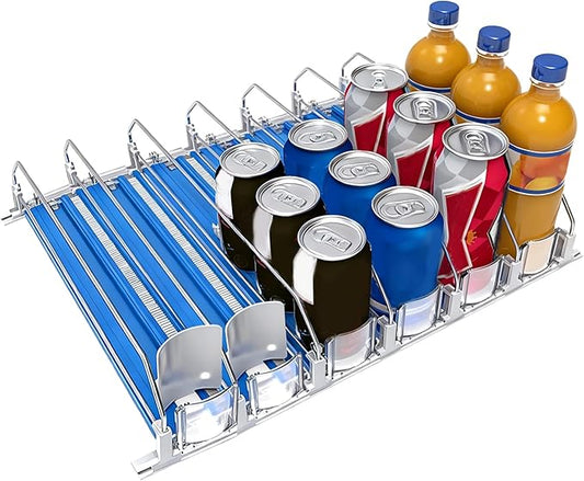 Drink Organizer for Fridge, 18.9x15.0x3.1in Soda Can Dispenser for Refrigerator, 6 Rows Adjustable Automatic Pusher Glide Drink Dispenser for Beer Beverages (Blue)
