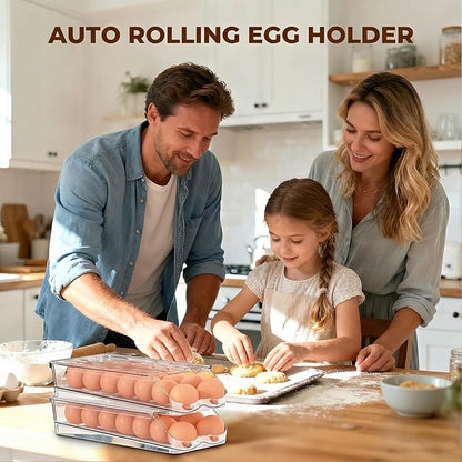 Egg Holder for Fridge,Automatic Rolling Egg Container for Refrigerator,Clear Stackable Egg Organizer with Removable Lid for Fridge Organizers and Storage,3 pack