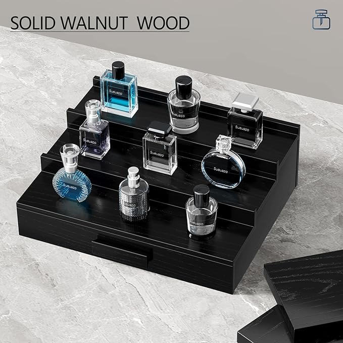 Walnut Wood Cologne Organizer for Men,3 Tier Cologne Stand,Cologne Shelf Display Holder,Perfume Stand Organizer with Hidden Compartment and Drawer,Great Gift for Men,Black