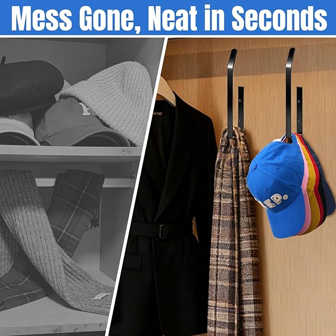 2 Pack Hat Rack for Wall, Upgraded Carbon Steel Hat Organizer for Baseball Caps with Adhesive & Drilling, Space Saving Hat Holder, Hat Hanger for Closet and Bedroom Storage, Black, 8 inch