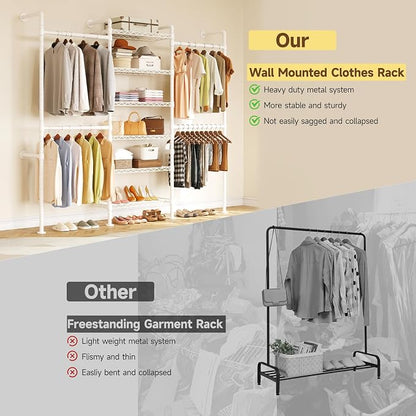 ONBRILL H3 Expandable Wall Mounted Closet System, 5.4FT-8.1FT Closet Organizer with 4 Telescopic Rods & 6 Wire Shelves, Industrial Pipe Clothing Rack for Walk-in & Reach-in Closet (White)